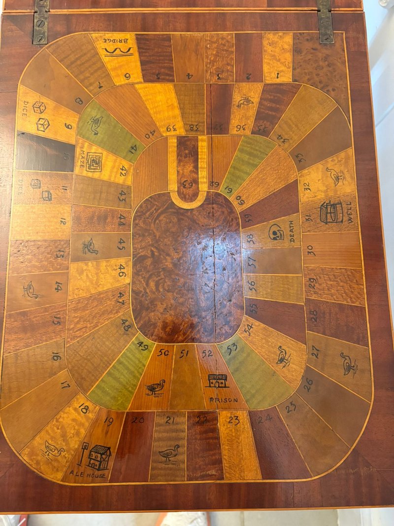 Antique Edwardian Inlaid Folding Game/Lamp Table Featuring “The Royal and Pleasant Game of Goose”